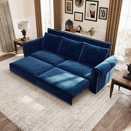 93.7" King Size Sleeper Sofa Bed, Pull Out Sofa Bed, Velvet Upholstery, 3 in 1 Convertible Sleeper Couch, Chaise Lounge, Retro Recliner for Living Room, Office, Apartment, Blue