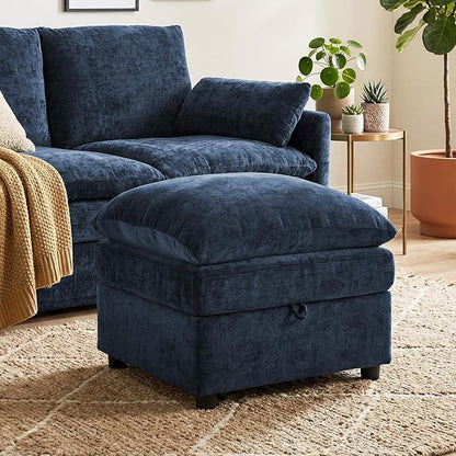 Iroomy 25" Chenille Ottoman, 9.5" Thick Cushion, Upholstered Footrest Modern Footstool & Bench for Living Room, Bedroom, Blue