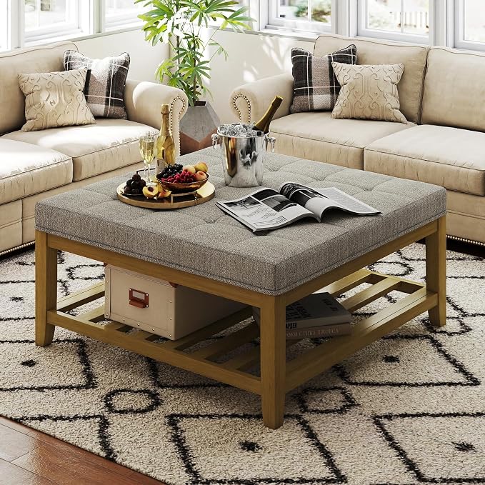 Befurtori Large Square Ottoman Coffee Table, Linen Solid Upholstered Footrest Ottoman with Solid Wood Shelf Storage Tufted Coffee Table for Bedroom Living Room, Gray Linen