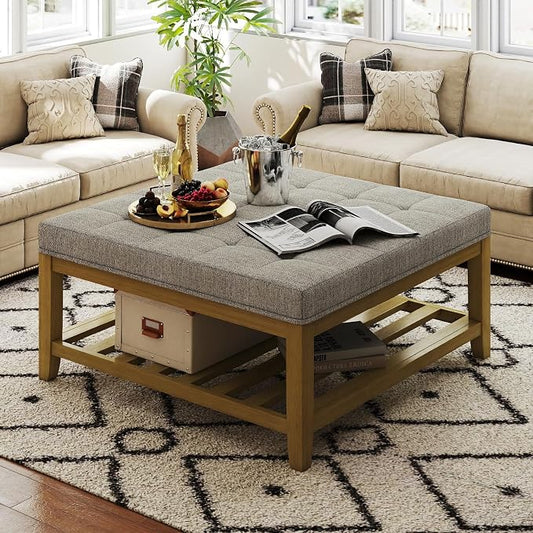 Befurtori Large Square Ottoman Coffee Table, Linen Solid Upholstered Footrest Ottoman with Solid Wood Shelf Storage Tufted Coffee Table for Bedroom Living Room, Gray Linen