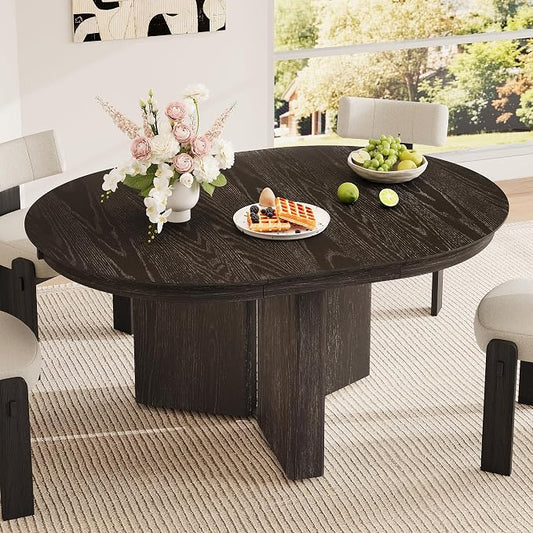 LUMISOL Round Dining Table for 4-6 People, Farmhouse Kitchen Table with Pedestal Base and Adjustable Foot Pads, Oval Extendable Dining Table for Dining Room, Kitchen, Small Space, Espresso