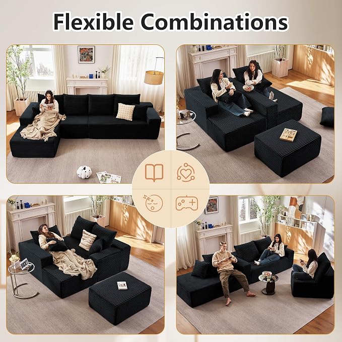 135” Cloud Sectional Couch, Boneless Sofa for Living Room, Modular Sectional Sofa with Deep Seat, Fluffy Couch with L-Shaped Chaise, No Assembly Required Black