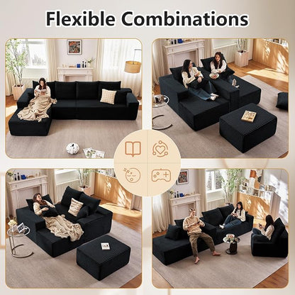 135” Cloud Sectional Couch, Boneless Sofa for Living Room, Modular Sectional Sofa with Deep Seat, Fluffy Couch with L-Shaped Chaise, No Assembly Required Black