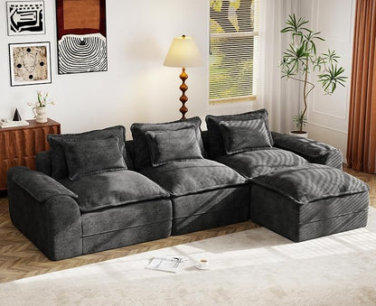 Hobestluk 120" Cloud Modular Sectional Couch 3-Seater Sofa with Ottoman L Shaped Sofa with Removable Cover Large Sofa Couch for Living Room (Dark Grey, 3-Seater Sofa with One Ottoman)