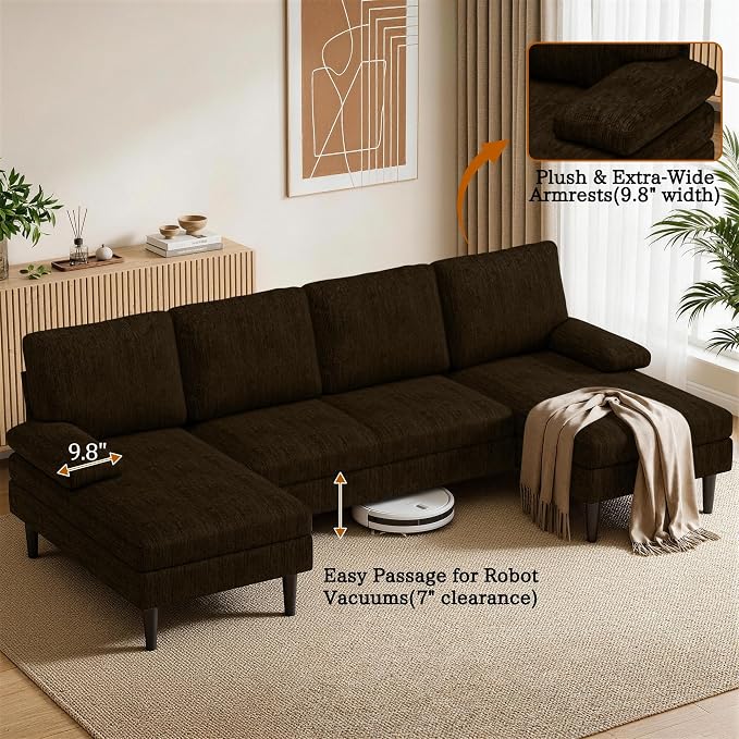 Korser U-Shaped Sectional Couches for Living Room, 101 Inch Modern Modular Sofa with Double Chaise Lounge, Comfy Chenille Fabric 4-Seat Couch Set for Apartment, Brown