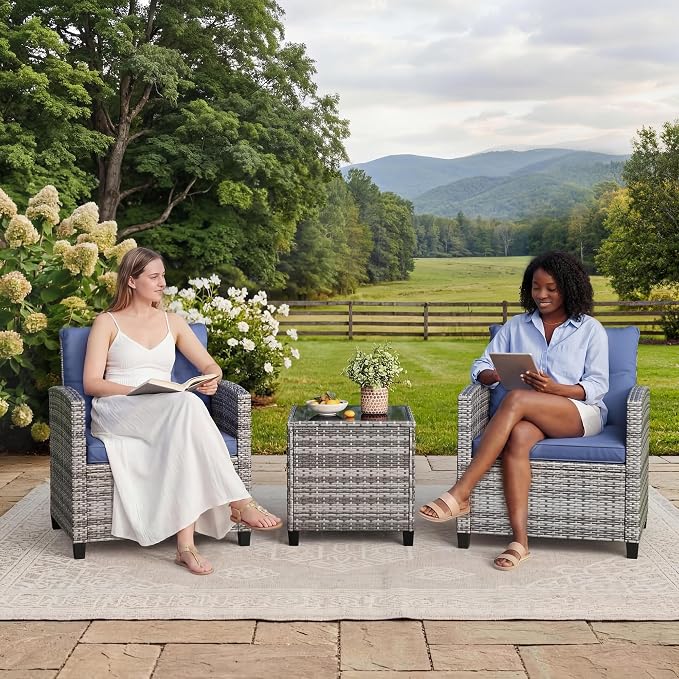 Garvee Outdoor Wicker Chairs,3 Pieces Patio Furniture Set,All Weather High Back Rattan Chairs w/Washable Cushion and Tempered Glass Tabletop for Deck Porch Balcony Backyard Garden,Gray & Blue
