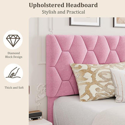 GarveeHome Pink King Bed Frame with Upholstered Headboard, Heavy-Duty Platform Bed Frame with Strong Wood Slats, No Box Spring Needed/Noise Free/Easy Assembly