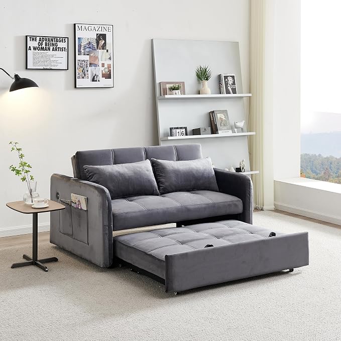 55.5" Velvet Convertible Sofa Bed, Pull Out Sleeper Sofa Bed, Loveseat Couch with USB Charging Ports, 3 in 1 Convertible Sleeper Sofa Bed for Living Room, Apartment, Bedroom, RV, Grey