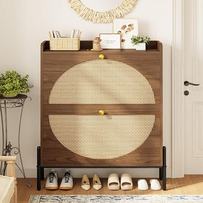 IRONCK Shoe Cabinet Storage with 2 Flip Drawers, Free Standing Wooden Shoe Storage Organizer Cabinet with Rattan Doors for Entryway, Narrow Shoe Rack Cabinet, Walnut