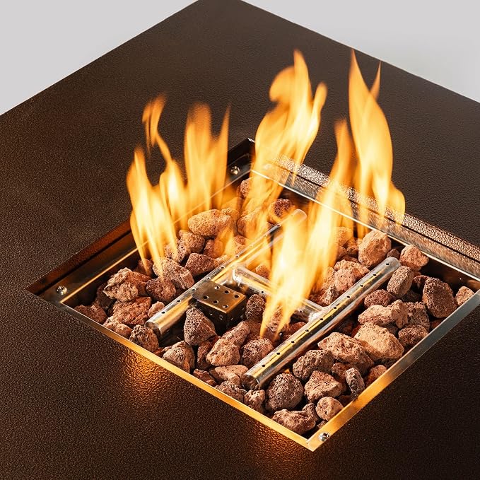 GDFStudio 28" Square Propane Gas Fire Pit Table, 50000 BTU Outdoor Steel Patio Heater with Hidden Tank Storage and Lid for Garden Deck Backyard, Brown