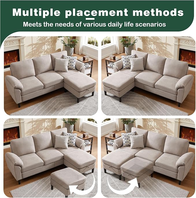 80" Convertible Sectional Sofa, Modern Linen Small L Shaped Couch with Reversible Chaise and Storage Ottoman, 3-Seat Sofa Couches for Living Room, Office, Apartment, Beige
