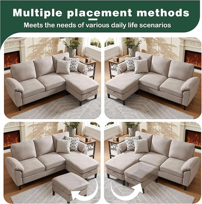 80" Convertible Sectional Sofa, Modern Linen Small L Shaped Couch with Reversible Chaise and Storage Ottoman, 3-Seat Sofa Couches for Living Room, Office, Apartment, Beige