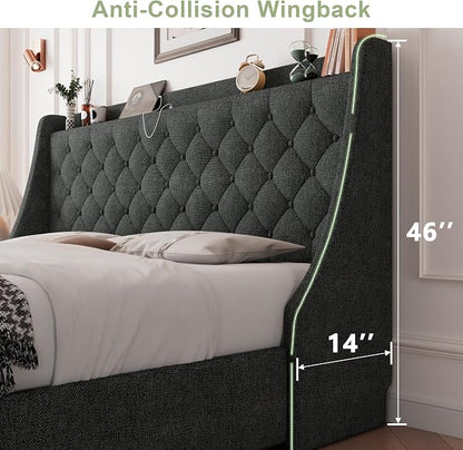 Feonase King Size Bed Frame with 4 Storage Drawers, Upholstered Storage Bed with Charging Station, Tufted Wingback Headboard, No Box Spring Needed, Dark Grey