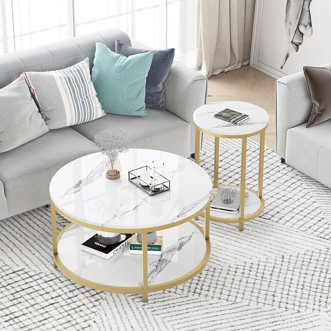 WiberWi Round Side Table, Modern Nightstand End Table with Gold Metal Frame &Faux Marble Top, Accent Bedside Table for Living Room Bedroom Small Spaces with Storage Open Shelf, White