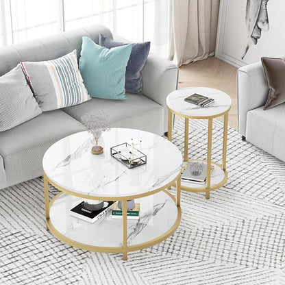 WiberWi Round Side Table, Modern Nightstand End Table with Gold Metal Frame &Faux Marble Top, Accent Bedside Table for Living Room Bedroom Small Spaces with Storage Open Shelf, White
