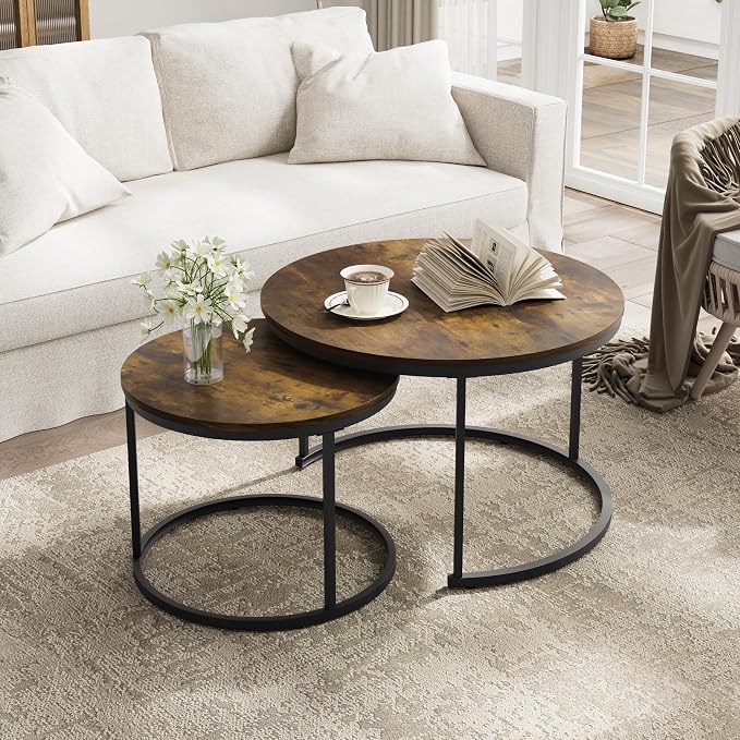 Smuxee Rustic Nesting Coffee Table Set of 2, 27.6" Round Coffee Table Wooden Marble Pattern with Adjustable Non-Slip Feet, Industrial End Table for Living Room Bedroom Balcony