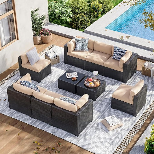 Aoxun 10 Piece Patio Furniture Set Wicker Rattan Patio Sectional Sofa Set Outdoor Seating Furniture with Thickened Cushion, Beige