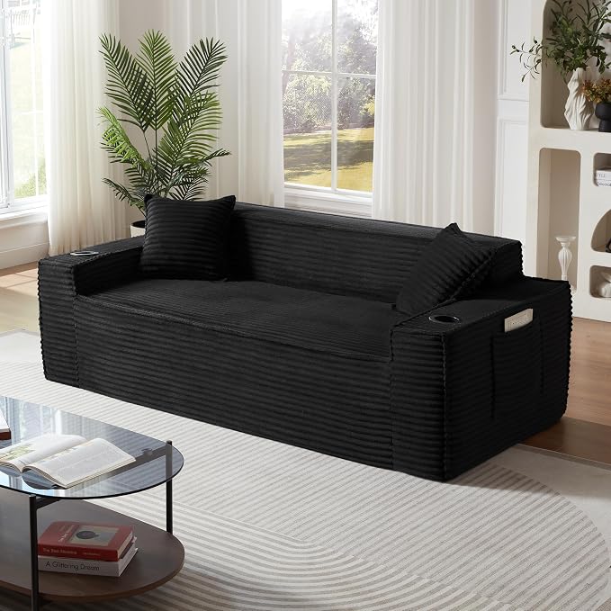 Boneless Sectional Sofa Couch with Cup Holders & Side Pockets, Modern Corduroy Fabric Deep Seat 3-seat Cloud Couch for Living Room Office, No Assembly (Black)