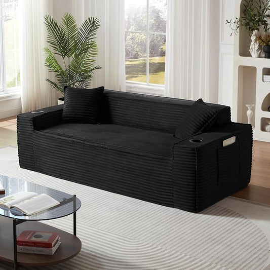 Boneless Sectional Sofa Couch with Cup Holders & Side Pockets, Modern Corduroy Fabric Deep Seat 3-seat Cloud Couch for Living Room Office, No Assembly (Black)