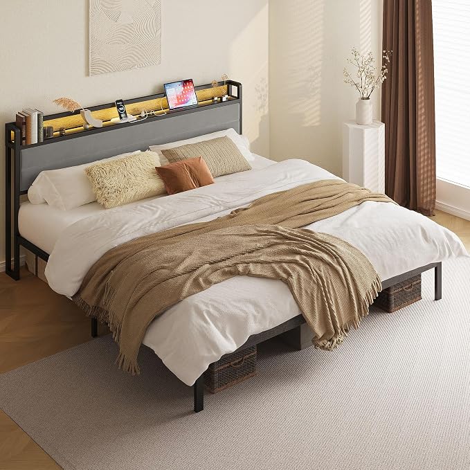 LIKIMIO California King Bed Frame with Storage Headboard & LED Lights, Metal Platform Bed with Charging Station, Noise Free, No Box Spring Needed, Under Bed Storage, Charcoal Gray