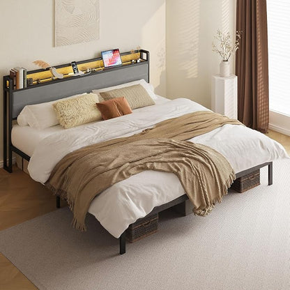 LIKIMIO King Size Bed Frame, Storage Headboard with LED Lights and Charging Station, Metal Platform Bed No Box Spring Needed, Noise Free, Under Bed Storage, Charcoal Gray