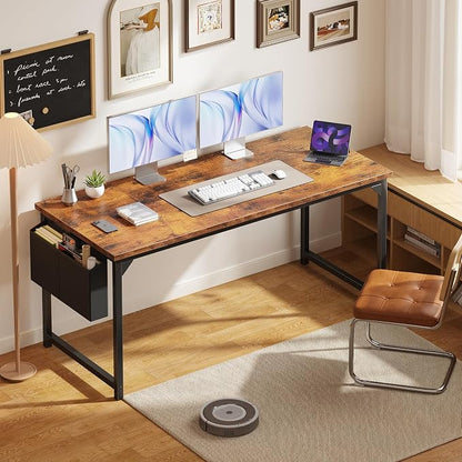 OLIXIS Computer Desk, 63 Inch Home Office Desks for Small Spaces, Writing Craft Study Gaming Table for Bedroom, Modern Computer Workstation with Storage Bag, Rustic Brown