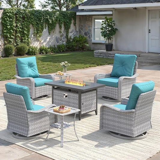 7-Piece Outdoor Conversation Set with 43" Fire Pit Table, 4 Swivel Rocking Chairs (4" Cushions) & 2 Side Tables, All-Weather PE Rattan & Steel Frame for Porch, Deck, Backyard, Turquoise