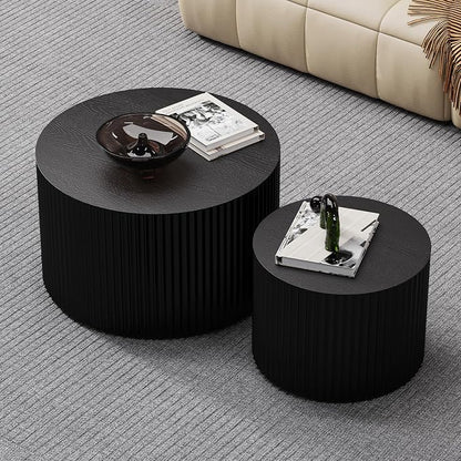 Round Nesting Coffee Table Modern Fluted Coffee Table Set of 2 Stripe Round Coffee Tables Circle Drum Coffee Tables Side Table Accent End Table for Living Room (Black Small)