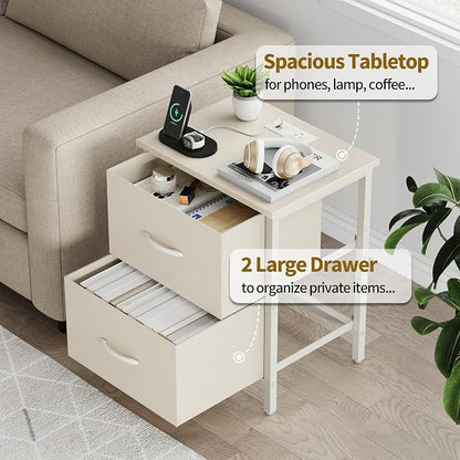 Vagusicc Nightstand Set of 2 with Charging Station, End Table Bedside Table with Power Outlet & USB Ports, Side Table with 2 Fabric Drawers for Bedroom, Living Room, Beige