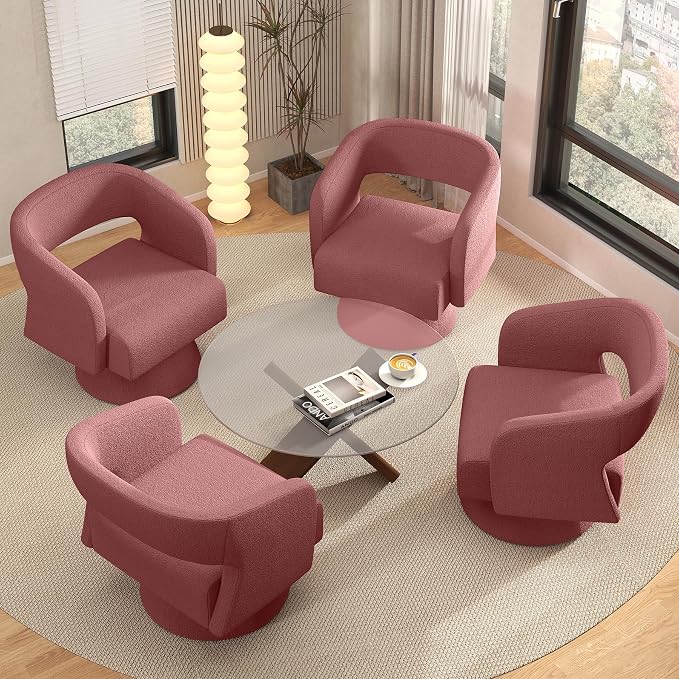 Luxanimarion Swivel Barrel Accent Chair,Oversized Teddy Upholstered Round Swivel Chair,Modern Luxury 360 Degree Living Room Vanity Chair for Bedroom Office,Pink,4PCS