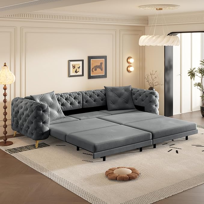 97.7" Convertible Queen Sleeper Sofa with Ottoman - Button Tufted Pull Out Sofa Bed, Velvet King Size Couch Bed & Vintage Deep Seat 4-Seater Couch for Small Spaces, Apartment & Living Room, Dark Grey | Button Tufted