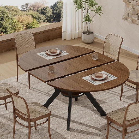 42"-58" Extendable Round Dining Table for 4-6, Kitchen Oval Table with Hidden Leaves & Storage Shelf, Space Saving Modern Design with Sturdy Metal Legs for Kitchen, Dining Room & Small Apartments