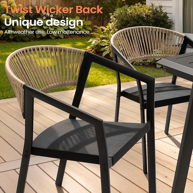 Pellebant Aluminum 13-Piece Outdoor Dining Table Set for 8-12 Person | Patio Stackable Chair with U-Shaped Wicker Backrest, 118" Table with Wood-Grain Top & Umbrella Hole, Aluminum Frame Furniture