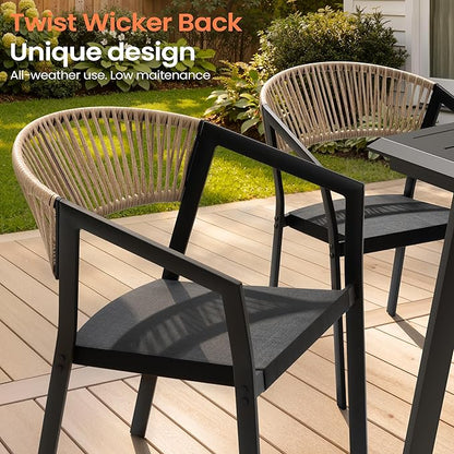 Pellebant Aluminum 11-Piece Outdoor Dining Table Set for 8-10 Person | Patio Stackable Chair with U-Shaped Wicker Backrest, 94" Table with Wood-Grain Top & Umbrella Hole, Aluminum Frame Furniture