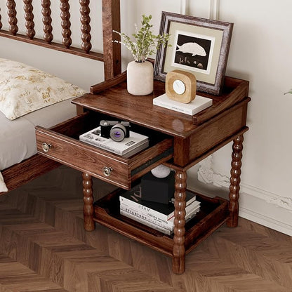 Walnut 3 Pieces King Bedroom Set, Vintage Platform Bed Frame King Size with 2 Nightstand, Wood Traditional Bedframe with Spindle Headboard, No Box Spring Required (Walnut, King)
