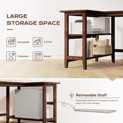 IOTXY Reversible L-Shaped Office Desk - 45" Compact Corner Computer Table with Storage Shelves, Solid Wood Legs, Writing & Study Workstation for Small Spaces, Walnut