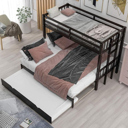 RUNNA Twin Over Twin/Queen Bunk Bed with Trundle, Pull-Out, Espresso | Twin over twin/queen bunk bed with trundle,stretchable pull-out bed,solid wood,guardrails,no box spring needed,espresso