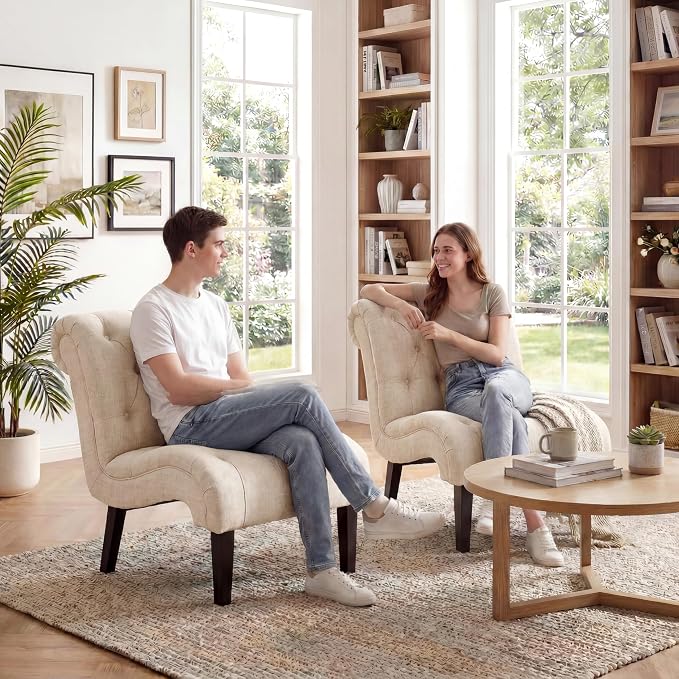 Accent Chairs Set of 2 Mid Century Modern Tufted Upholstered Chair for Living Room Bedroom Curved Armless Side Chairs with Wood Legs Linen Fabric