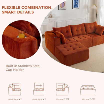 MAXYOYO Modular Sectional Sofa Couch, L Shaped Modern Cloud Couch with 1 Ottoman, Sofa in A Box, Tufted 4-Seat Boneless Chair for Living Room, No Assembly Required, Orange