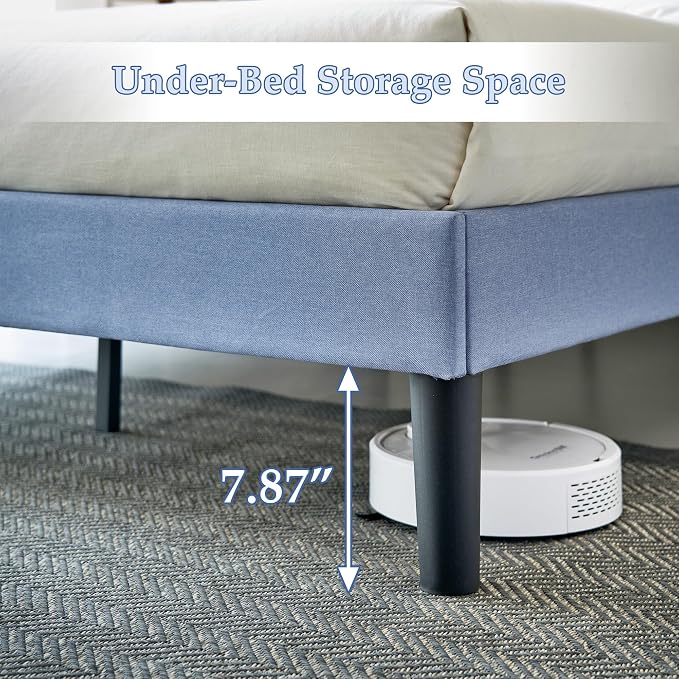 VECELO Queen Size Bed Frame, Adjustable Upholstered Button Tufted Headboard, Heavy-Duty Bedframe with Wood Slats Support, No Box Spring Needed, Light Blue