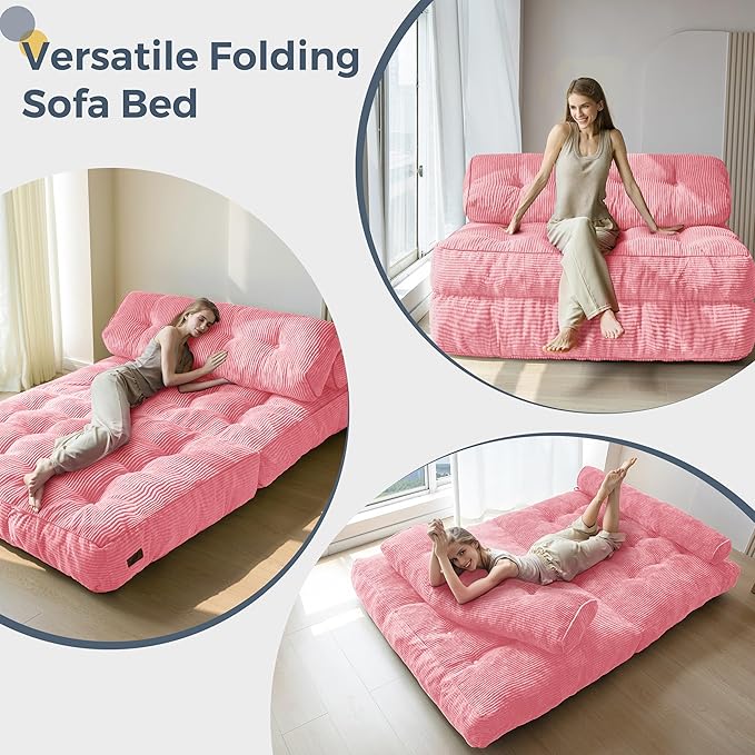 MAXYOYO Folding Sofa Bed, Convertible Chair with Pillow Foldable Couch with Back Support, Portable Fold Out Chair Bed Comfy Floor Sofa Lounge for Living Room Bedroom, Pink Double