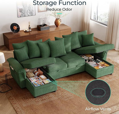 LINSY HOME Oversized Sectional Sleeper Sofa with Pull Out Couch Bed (Green, 118.5'') | USB Charging