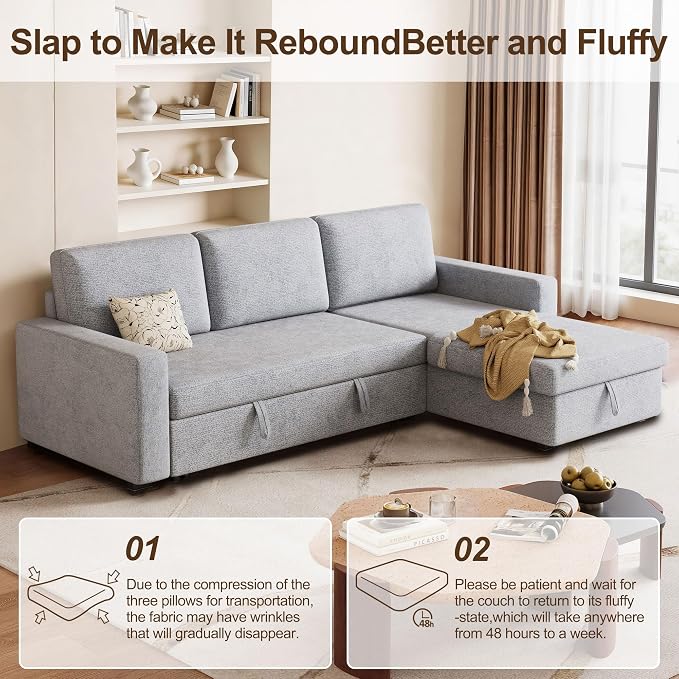 81" Convertible L-Shaped Pull Out Sectional Sleeper Sofa Bed, Light Gray | Storage Chaise, Pull Out Sectional Couch, Removable Cushions, Chenille Fabric, For Small Apartment & Living Room