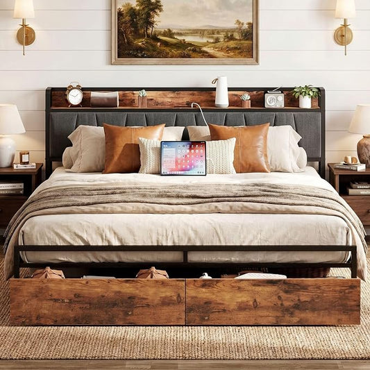 LIKIMIO California King Size Bed Frame with 2 Drawers and Charging Station | Platform Bed with Upholstered Storage Headboard, No Box Spring Needed, Easy Assembly, Sturdy, Industrial Brown and Gray