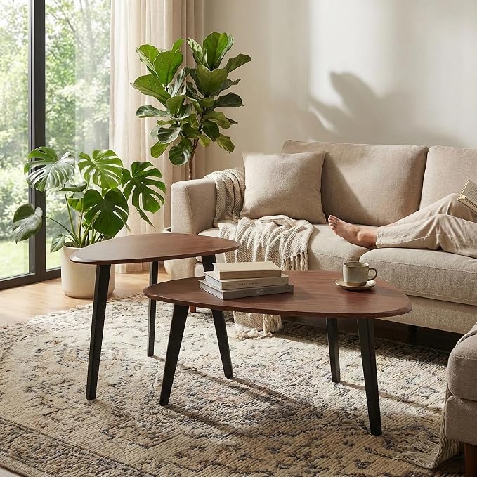 Nesting Coffee Table Set of 2-Mid Century Modern Coffee Table | Guitar Pick Stacking Tables with Solid Wood Legs,Small Coffee Tables for Small spaces,Living Room,Balcony