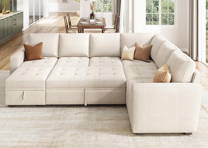 HONBAY Sectional Sleeper Sofa Couch with Pull Out Bed, Convertible L Shaped Couch with Storage, Sleeper Sectional Sofa Bed for Living Room, Beige