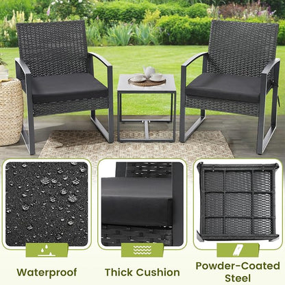 Murago Outdoor 3-Piece Wicker Bistro Set, Rattan Patio Conversation Set with Coffee Table, for Backyard Garden Poolside, Black Frame & Black Cushion