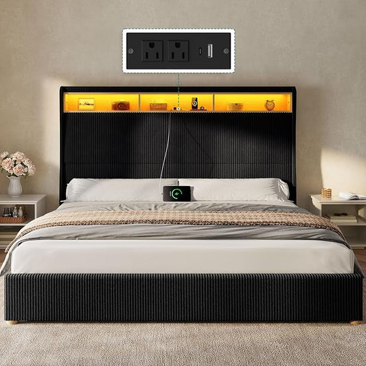 DWVO King Size Corduroy Upholstered Platform Bed Frame with Charging Station and RGB LED Lights, 53’’ Tall Storage Wingback Headboard, No Box Spring Needed, Easy Assembly, Noise-Free, Black