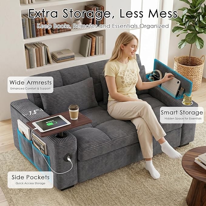 65'' Sleeper Sofa Bed, Pull Out Couch with 360° Swivel Side Table | USB Port | Cup Holder | Adjustable Backrest, Loveseat Corduroy Fabric for Living Room, Apartment, Office (Darkgray)