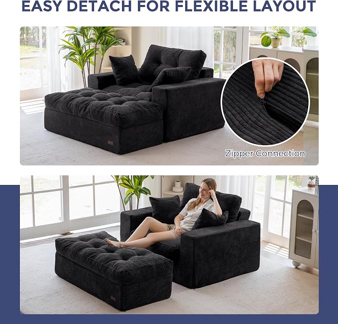 MAXYOYO Sectional Sofa Couch and Chaise Lounge, L Shaped Modern Cloud Couch with Ottoman, Comfy Tufted Upholstered Couch with Layered Cushion for Living Room, No Assembly Required, Black